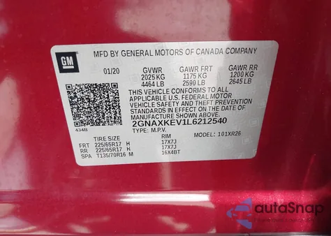 2020 Chevrolet Equinox Lt from USA, damaged, VIN 2GNAXKEV1L6212540